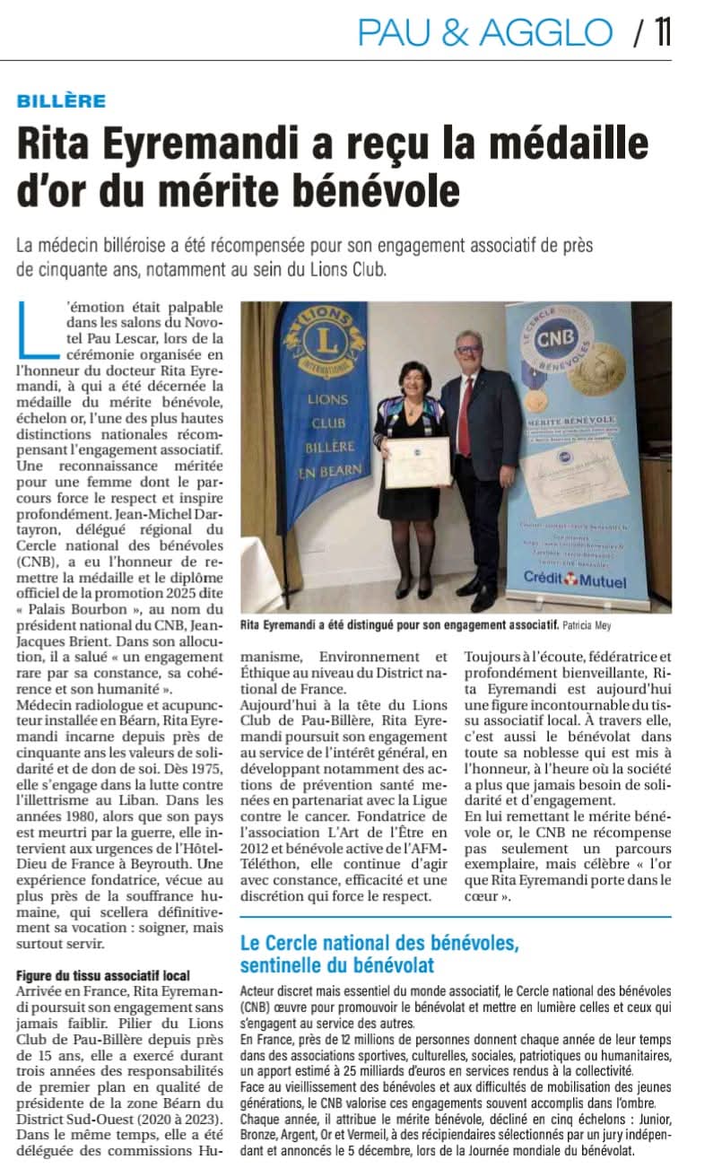 Mérite Bénévole échelon Or pour le Dr Rita Sabella Eyremandi - CNB - bis